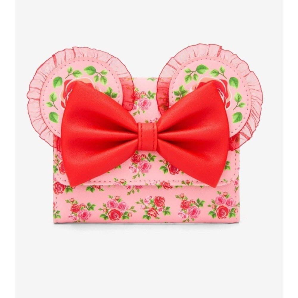 NWT Disney Loungefly Minnie Mouse Ears Red & Pink Florals AOP Bow Zip WALLET